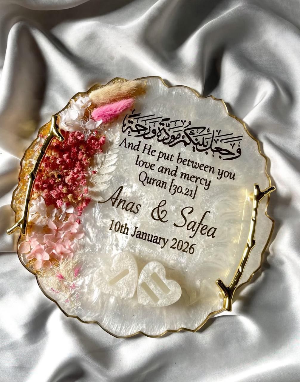 Pink ' white Dried Floral Ring Tray with branch tree handles
