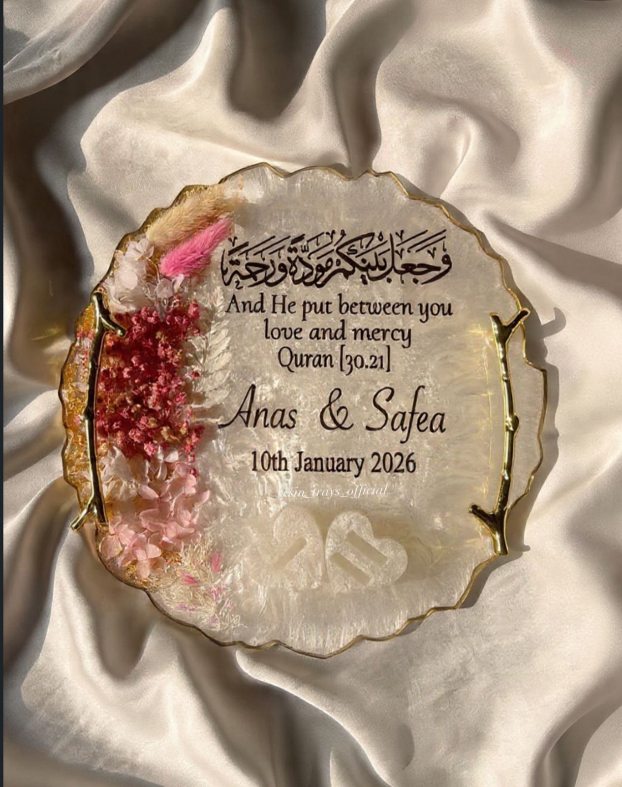 Pink ' white Dried Floral Ring Tray with branch tree handles - Image 2