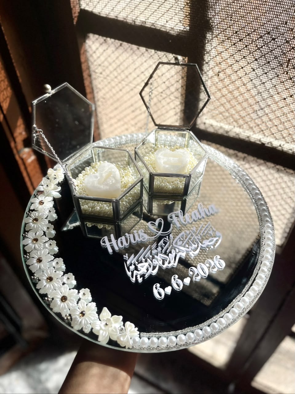 White Floral Mirror Ring tray with silver glass ring boxes - Image 3