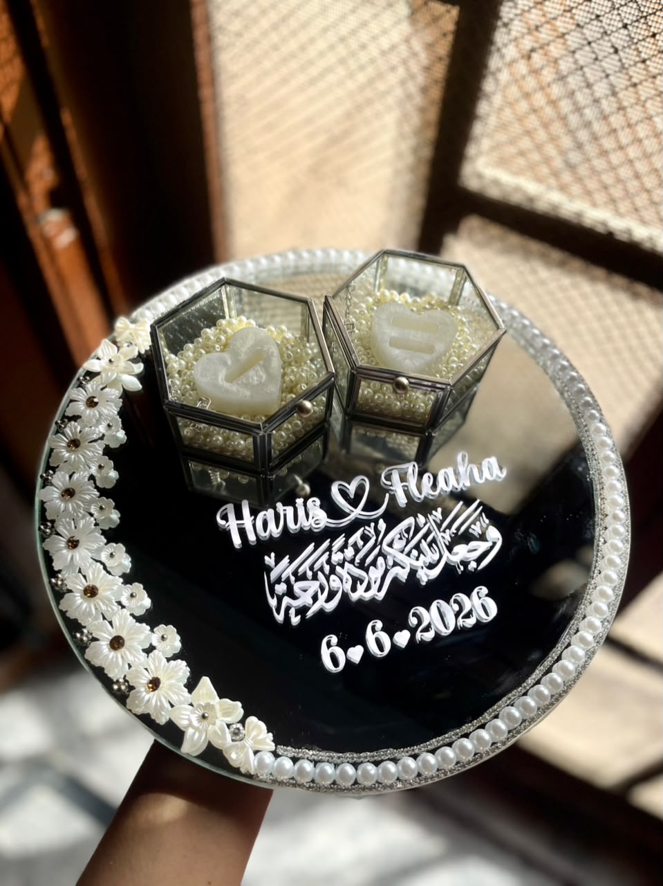 White Floral Mirror Ring tray with silver glass ring boxes - Image 2