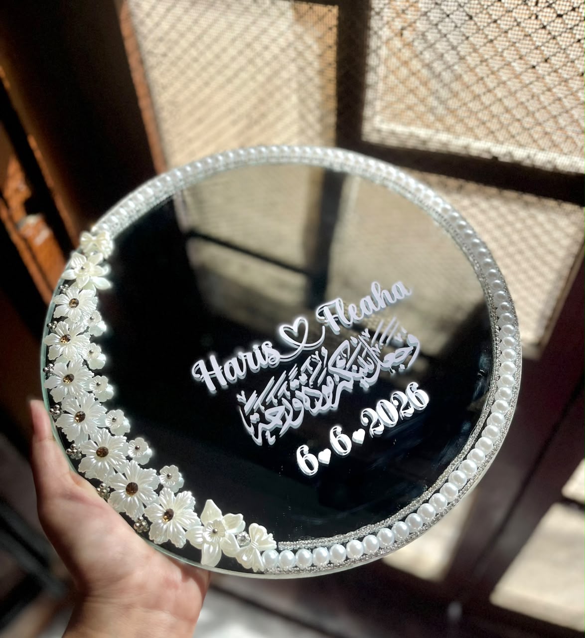 White Floral Mirror Ring tray with silver glass ring boxes