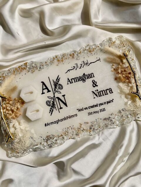White Floral Ring Tray with logo ' stone boundary