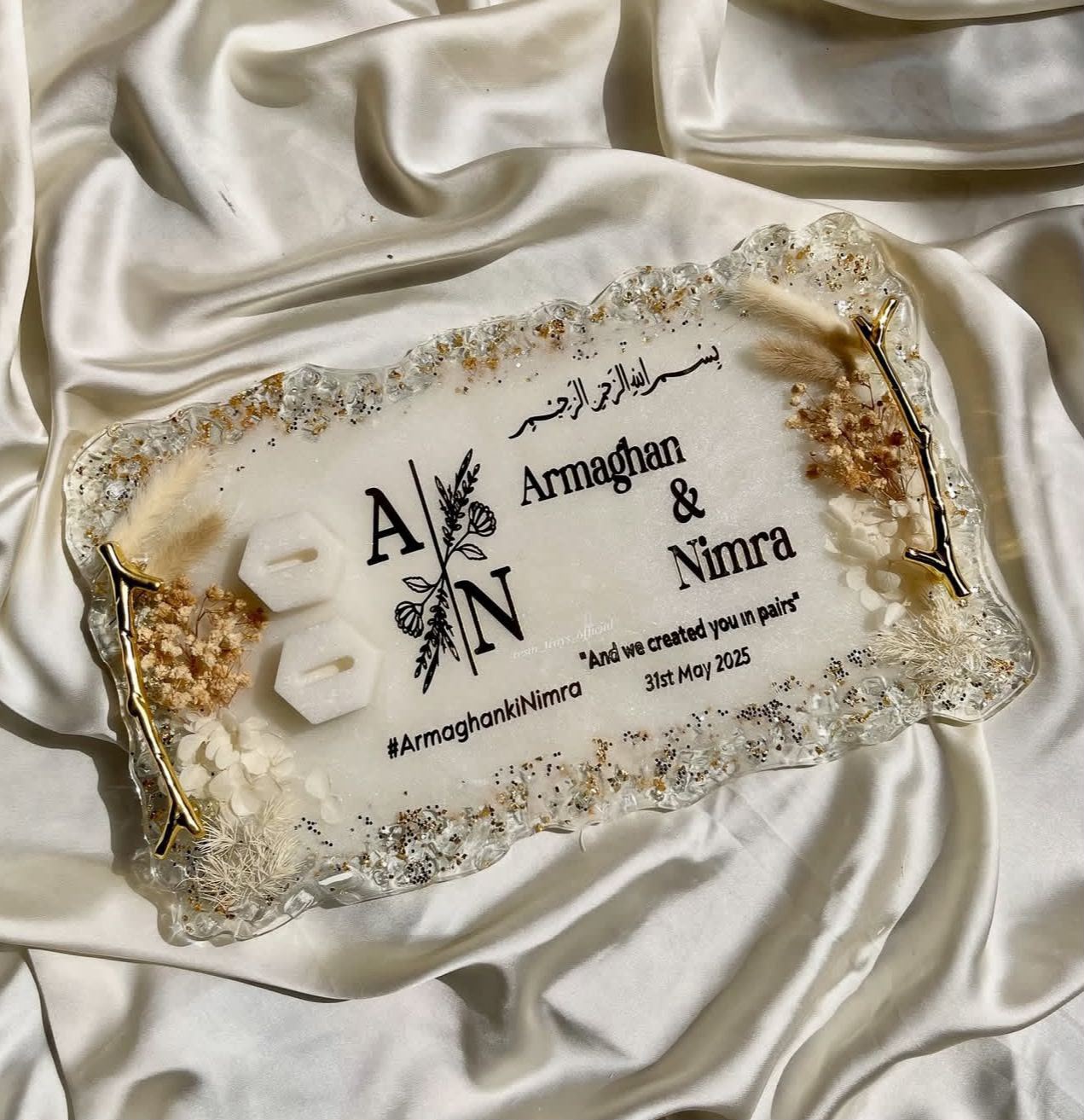 White Floral Ring Tray with logo ' stone boundary
