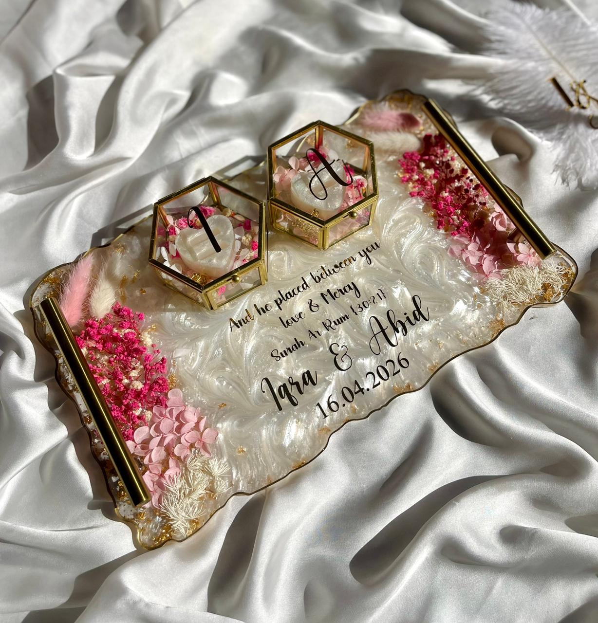 Pink ' White Floral theme Ring Tray with Glass Ring Boxes - Image 3