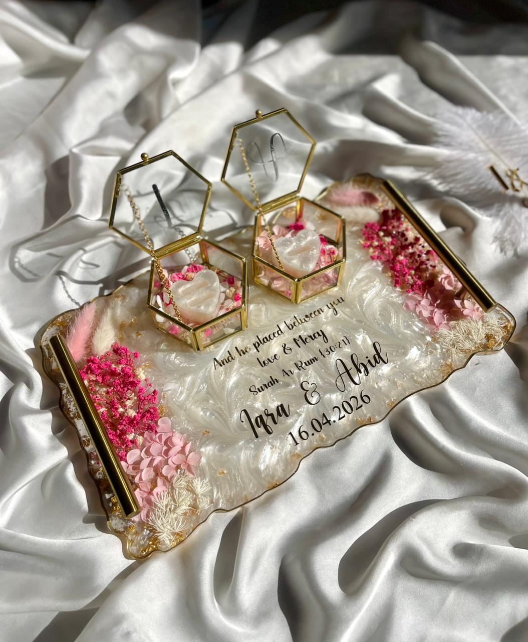 Pink ' White Floral theme Ring Tray with Glass Ring Boxes - Image 2