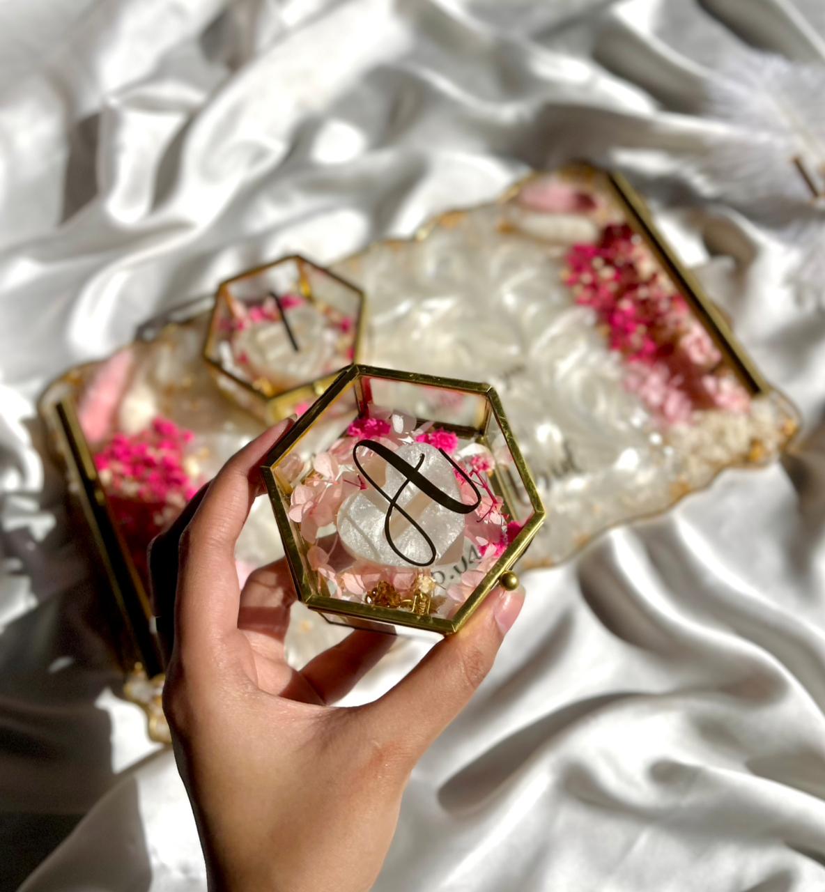 Pink ' White Floral theme Ring Tray with Glass Ring Boxes