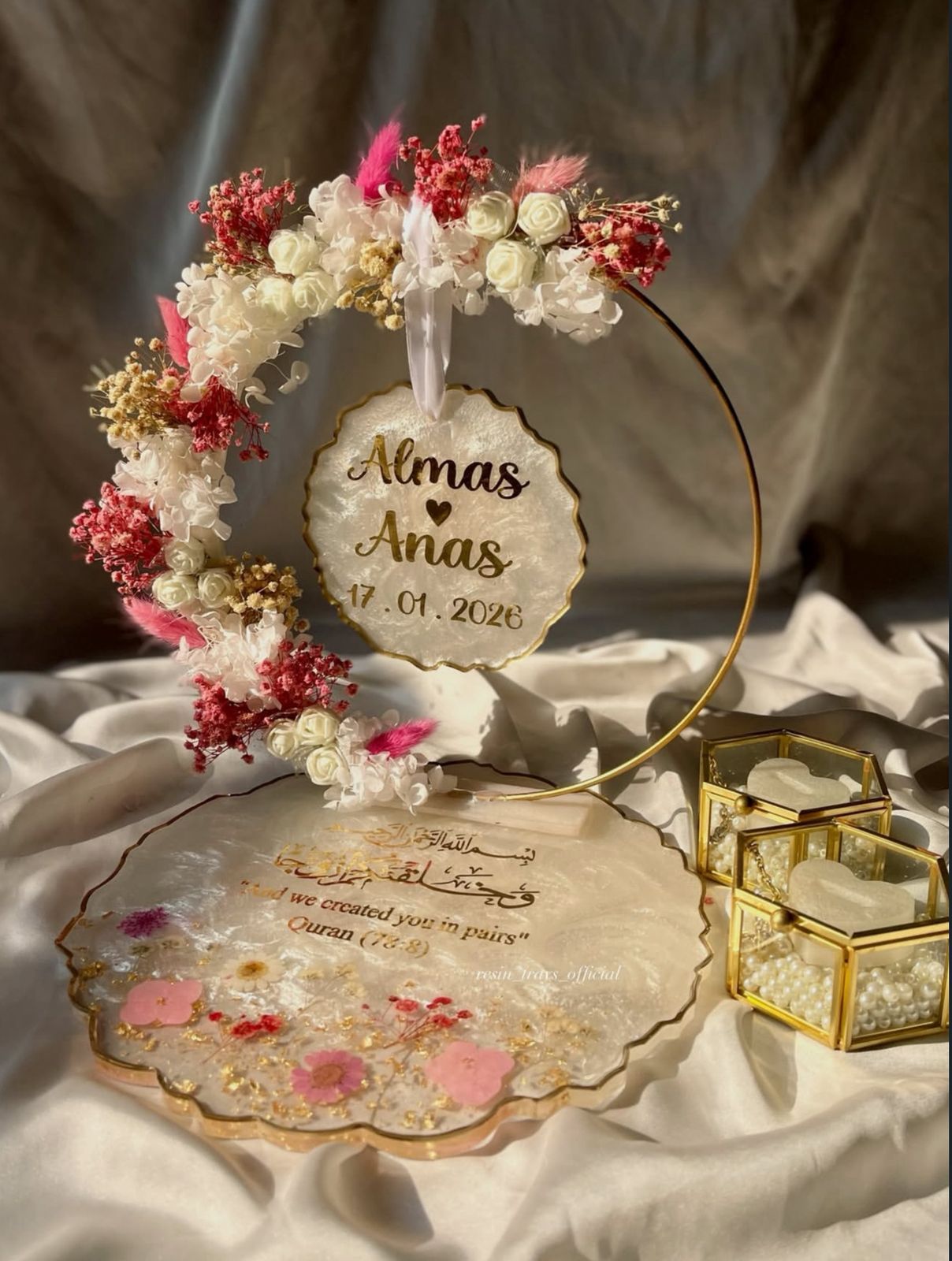 Pink theme Detachable Double Layer Floral Ring Platter with Glass Ring Boxes - Image 3
