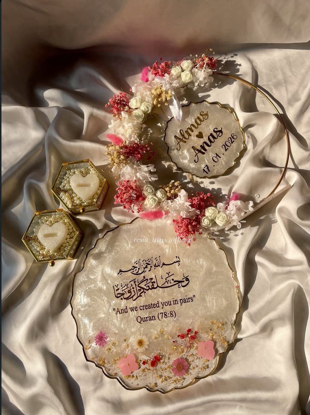 Pink theme Detachable Double Layer Floral Ring Platter with Glass Ring Boxes - Image 2
