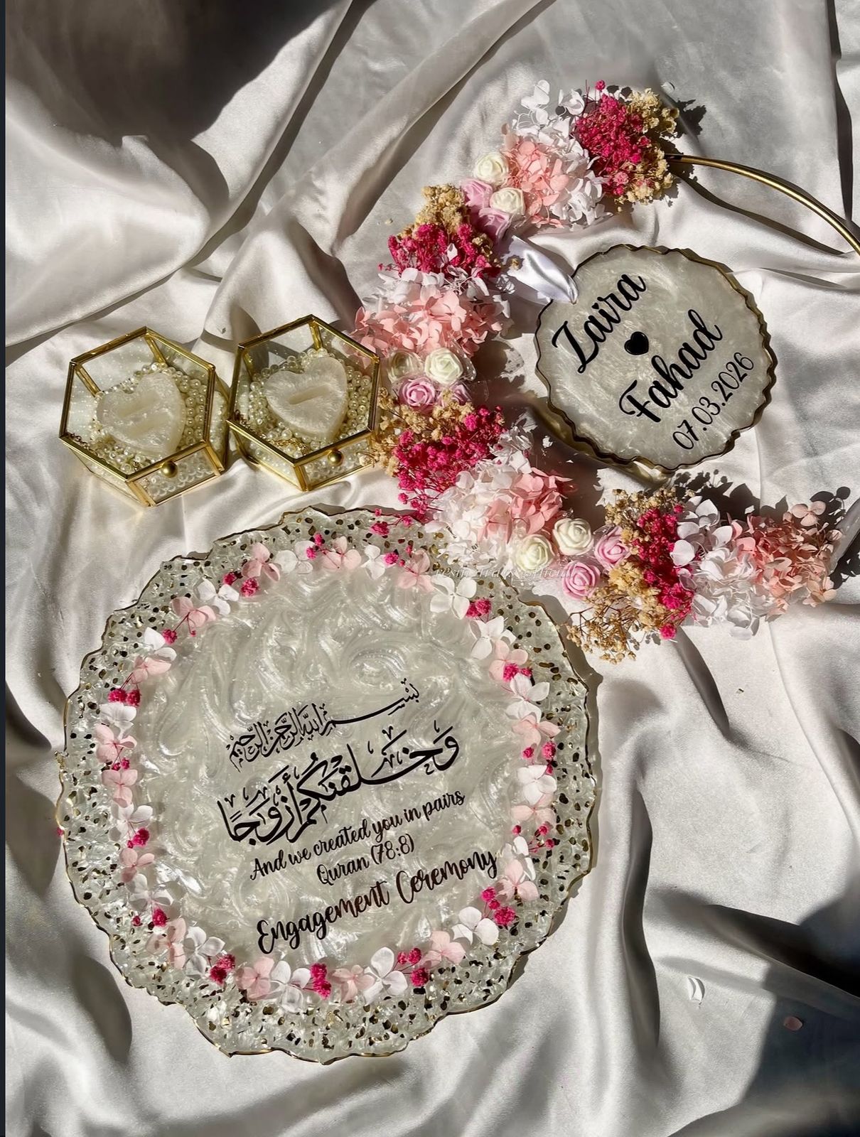 Pink ' White theme Detachable Double Layer Floral Ring Platter with Glass Ring Boxes - Image 4