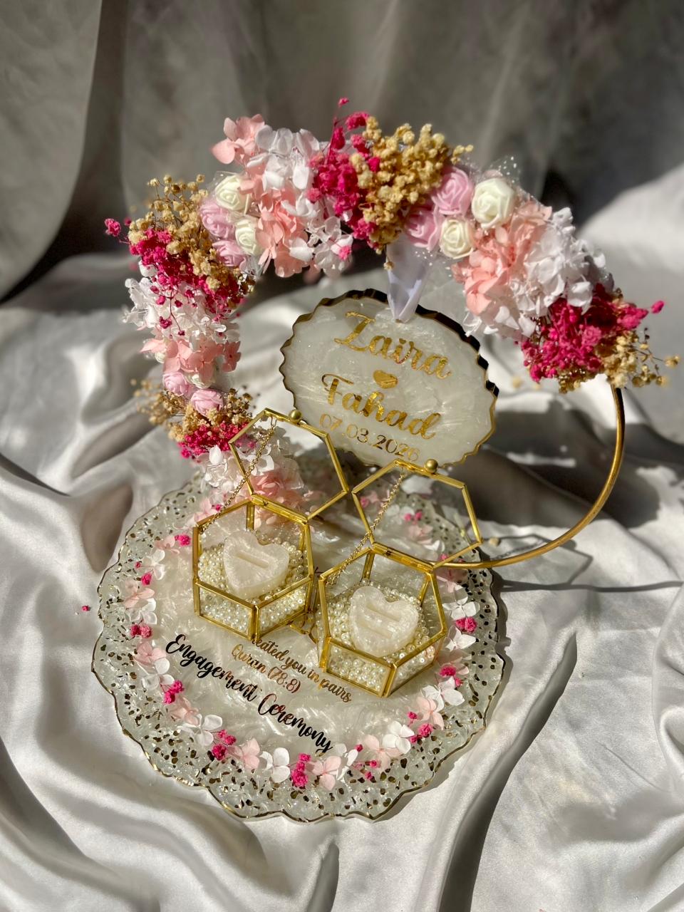 Pink ' White theme Detachable Double Layer Floral Ring Platter with Glass Ring Boxes - Image 3
