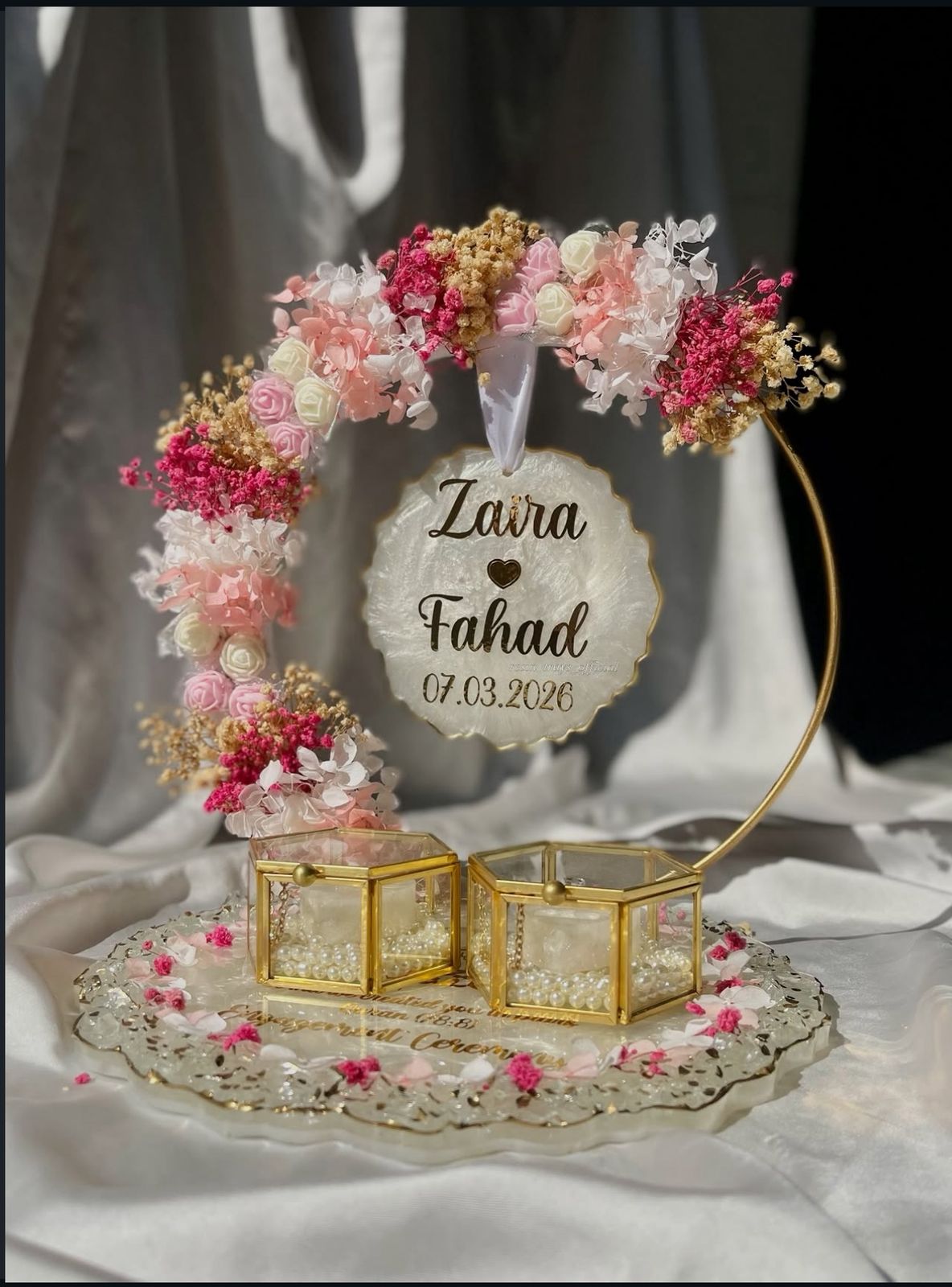 Pink ' White theme Detachable Double Layer Floral Ring Platter with Glass Ring Boxes