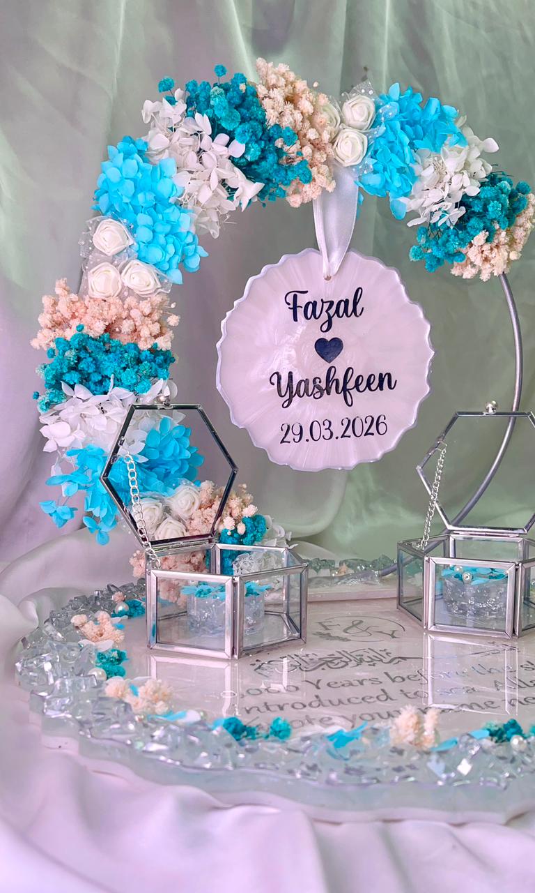 Blue ' White ' Silver theme Detachable Double Layer Floral Ring Platter with Glass Ring Boxes - Image 5