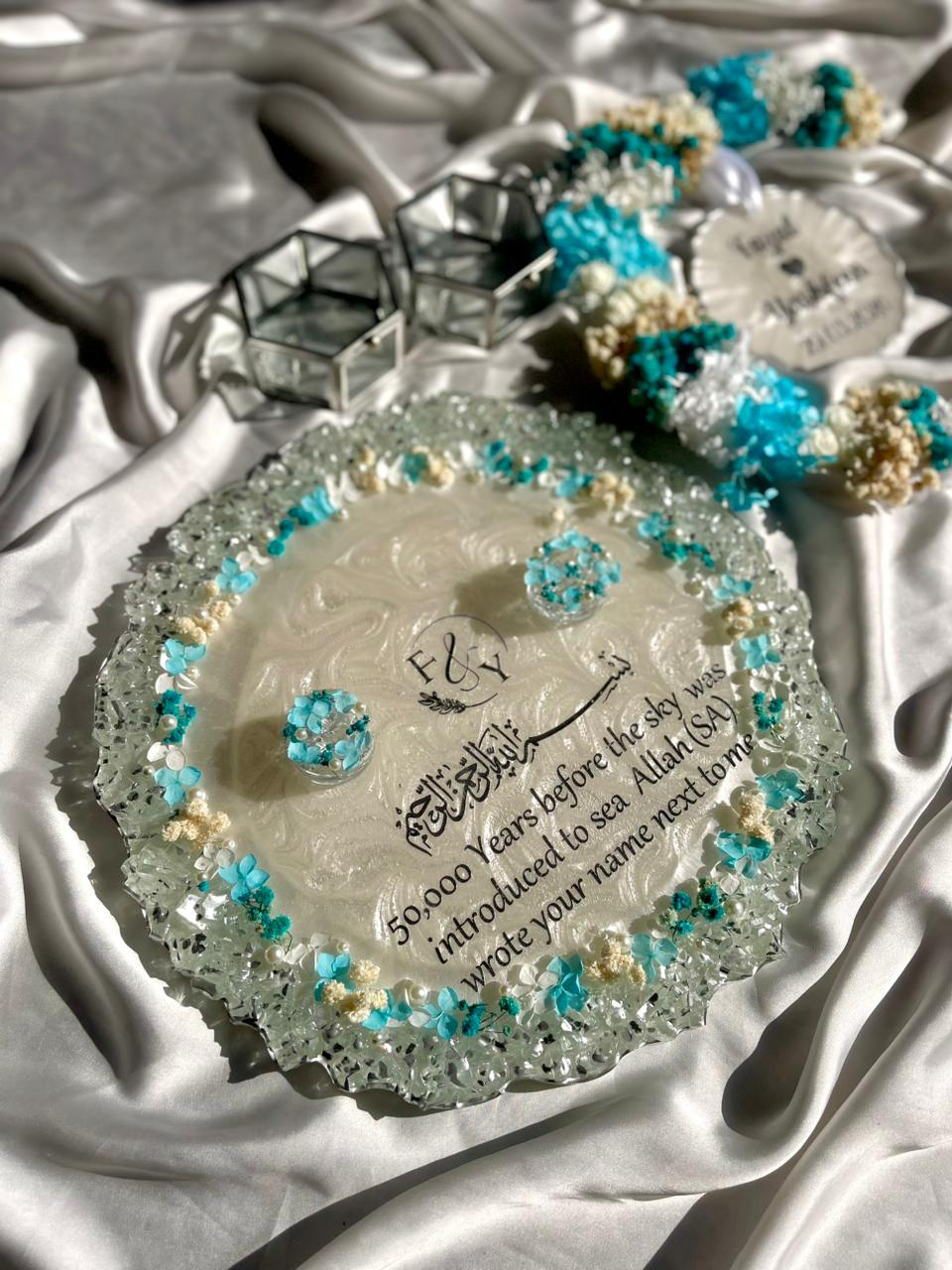 Blue ' White ' Silver theme Detachable Double Layer Floral Ring Platter with Glass Ring Boxes - Image 3