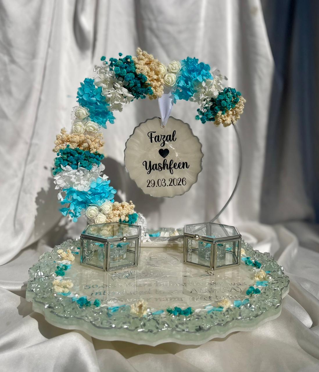 Blue ' White ' Silver theme Detachable Double Layer Floral Ring Platter with Glass Ring Boxes