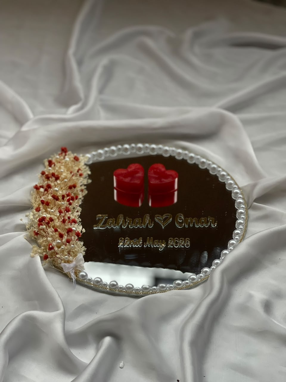 Red ' Beige Dried Floral Mirror Ring tray with glass ring boxes - Image 2